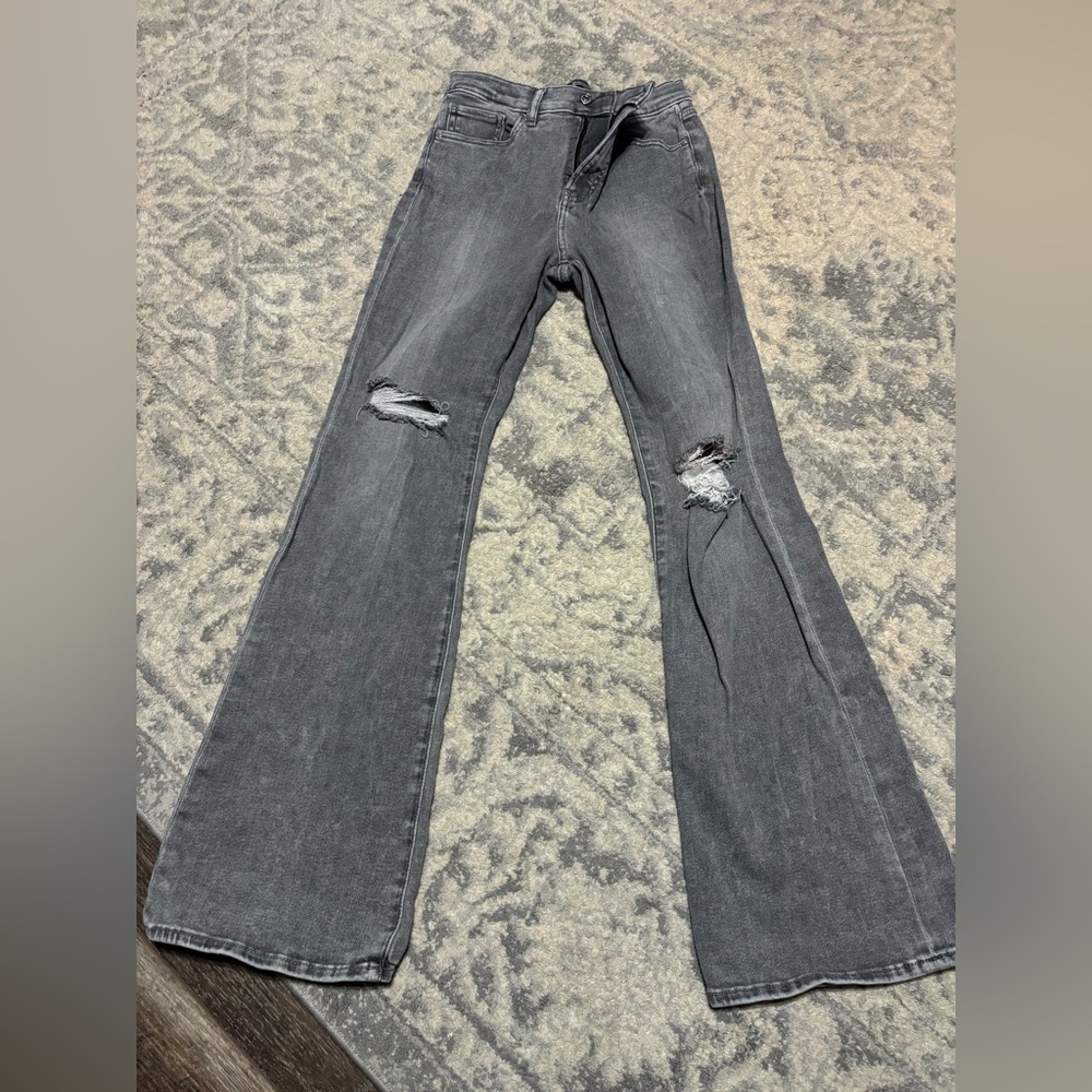 Express Gray High Rise Distressed Flare Jeans